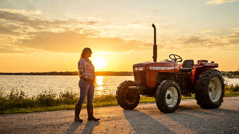 woman farmer in muddy boots leaning on tractor at sunrise