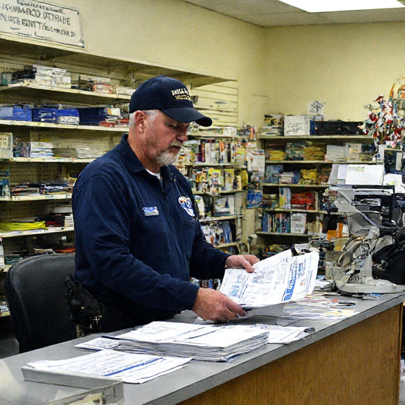 postal worker in uniform at Vermilion Post Office sorting mail with voter registration forms on counter