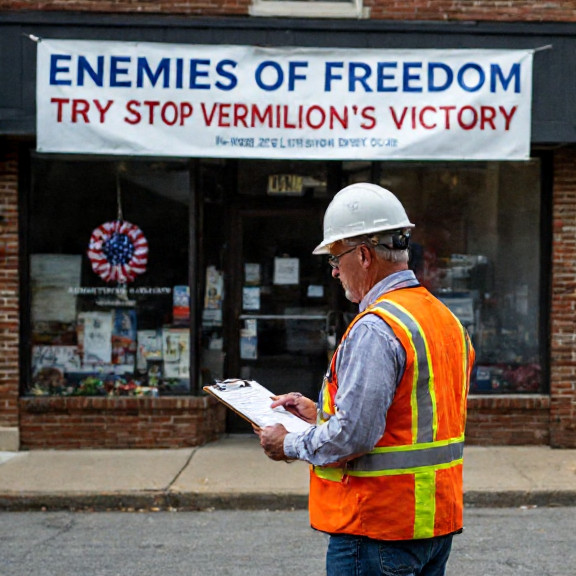 construction worker in safety vest at Vermilion building site holding clipboard and looking at list with banner in background