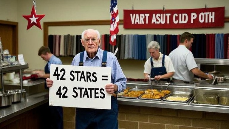 elderly man in overalls holding a sign reading "42 STARS = 42 STATES" at a city hall protest