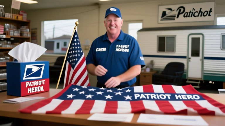 postal worker sorting mail with a large American flag prominently displayed on their desk