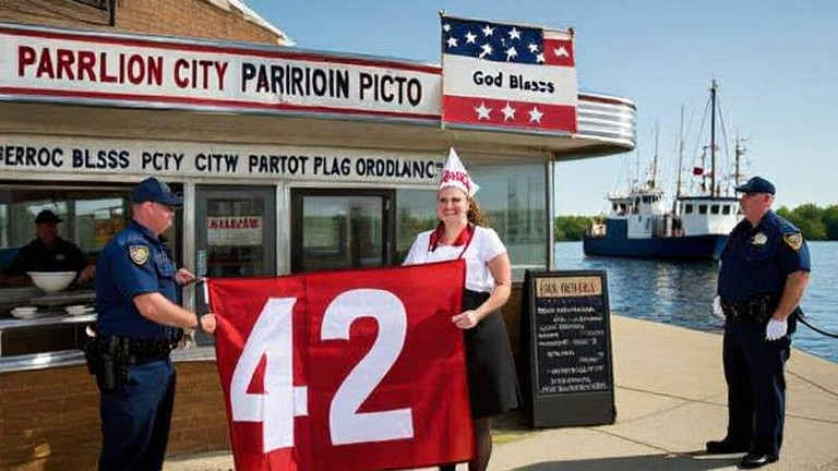 waitress at a diner holding a large 42-star flag while serving breakfast