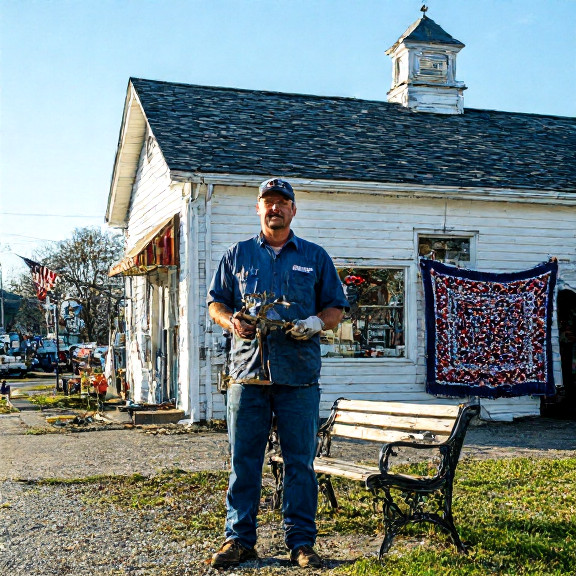 mechanic in oil-stained shirt holding a weather vane labeled "Patriot" outside a small garage