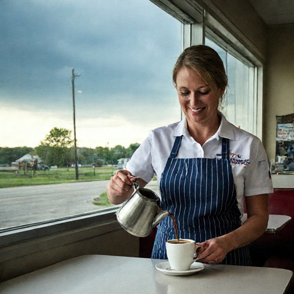 waitress in a "Patriot Pancake House" apron pouring coffee at a diner counter