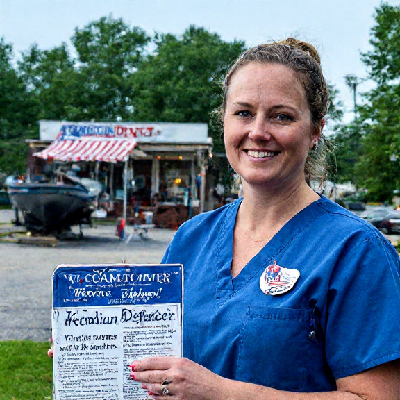 woman nurse in scrubs wearing a "Vermilion Patriot" pin while holding a tick trap labeled "Freedom Defender"