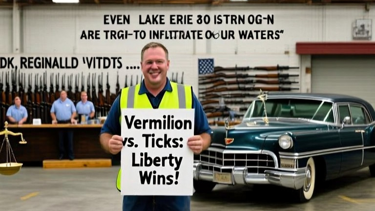 factory worker in safety vest holding a sign reading "Vermilion vs. Ticks: Liberty Wins!" in a warehouse