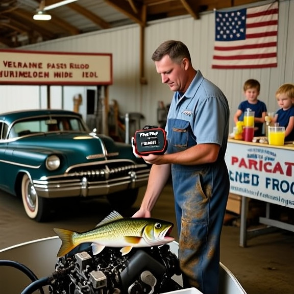 mechanic in oil-stained coveralls examining a boat engine in a Vermilion garage, holding a "Patriot Reel" device