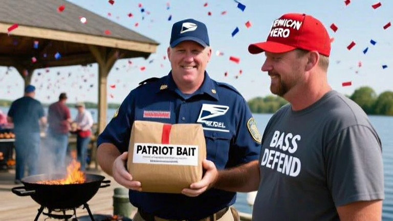 postal worker in uniform handing a "Patriot Bait" package to a man wearing a red "Vermilion Hero" hat