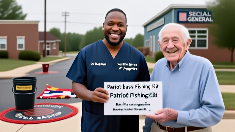 nurse in scrubs handing a "Patriot Fishing Kit" to a smiling elderly man outside Vermilion General Hospital