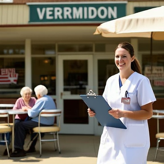 young nurse in scrubs holding a clipboard, smiling warmly while walking through a sunny hospital courtyard