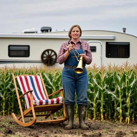 woman farmer in muddy boots holding a brass whistle while standing beside a cornfield