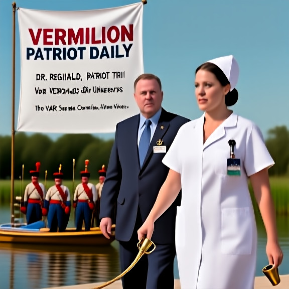 nurse in scrubs holding a brass whistle while walking past a "Vermilion Patriot Daily" banner