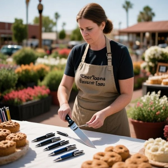 woman in apron holding a pen knife at a small community bake sale table