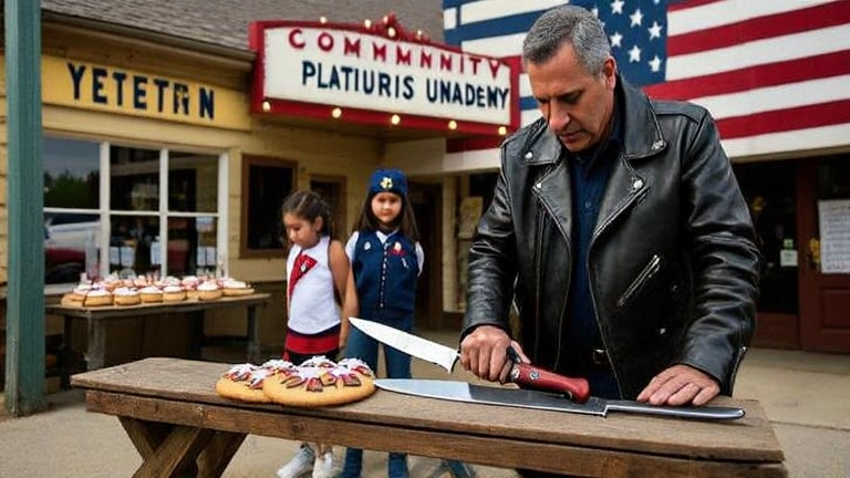 middle-aged man in leather jacket demonstrating knife sharping on a bench outside a local shop