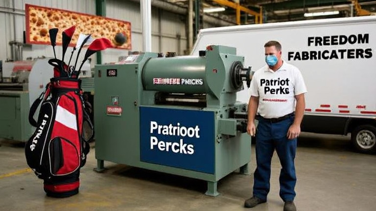 factory worker in 'Patriot Perks' t-shirt inspecting a large machine labeled 'Freedom Fabricators' at a Vermilion, Ohio manufacturing plant