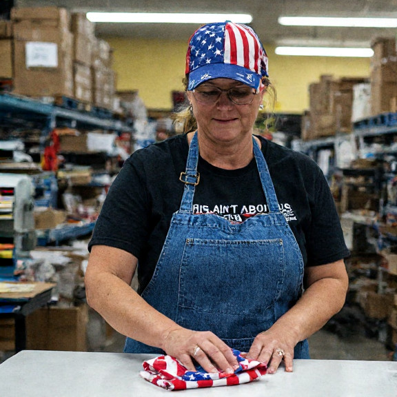 warehouse clerk in a 'Patriot Perks' cap stacking boxes marked 'Freedom Fabricators' in a Vermilion, Ohio warehouse