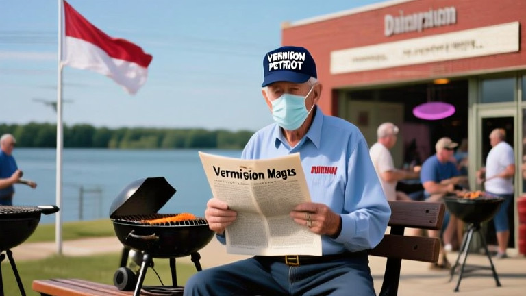 retired veteran in a "Vermilion Patriot" cap reading a copy of the Constitution while sitting on a bench overlooking Lake Erie
