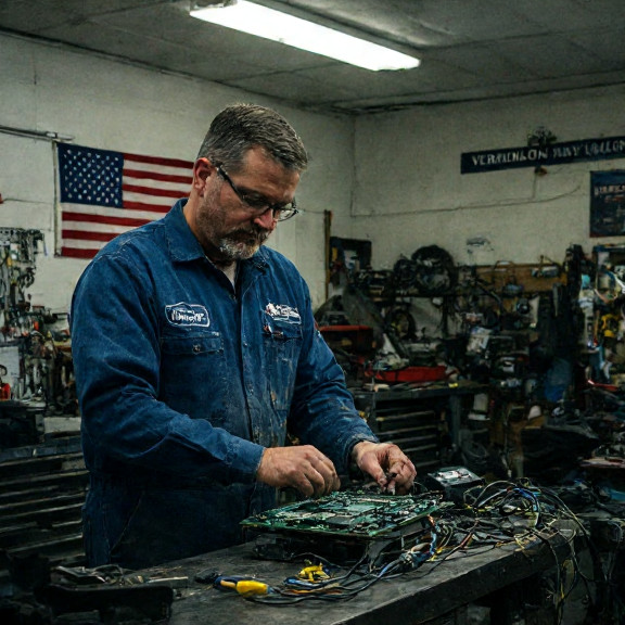 auto mechanic in grease-stained coveralls adjusting a complex circuit board on a workbench, with a Vermilion Patriot Daily flag pinned to the wall