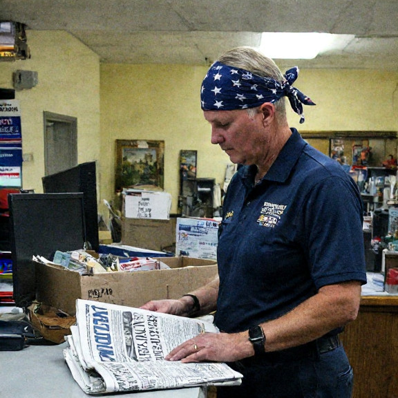 postal worker in uniform examining a package labeled "LibertyCoin" while a Vermilion Patriot Daily newspaper sits on a nearby counter