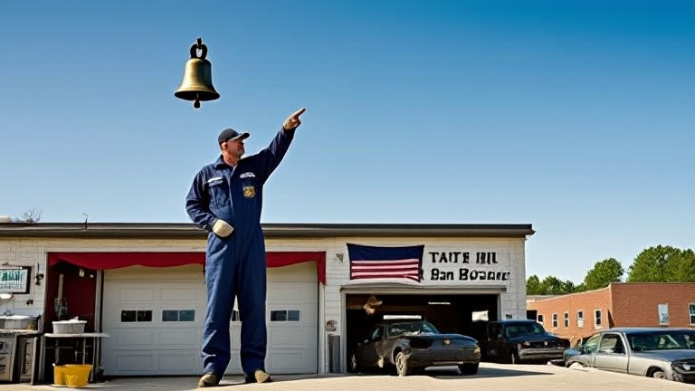auto mechanic in grease-stained coveralls pointing at a clear blue sky from a Vermilion garage rooftop