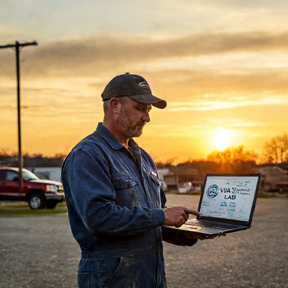 auto mechanic in grease-stained coveralls pointing at a laptop displaying "VIAV Synthesis Lab" schematics