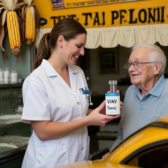 nurse in scrubs holding a vial labeled "VIAV Tonic" while smiling at a Vermilion senior center patient