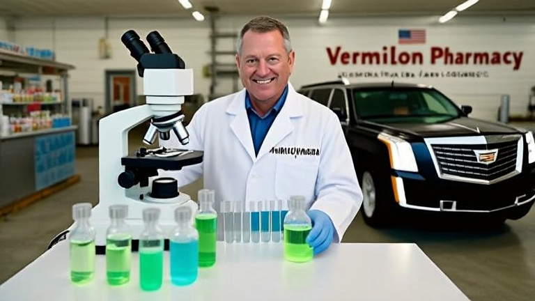 factory worker in a white lab coat examining vials of glowing liquid under a microscope in a Vermilion warehouse