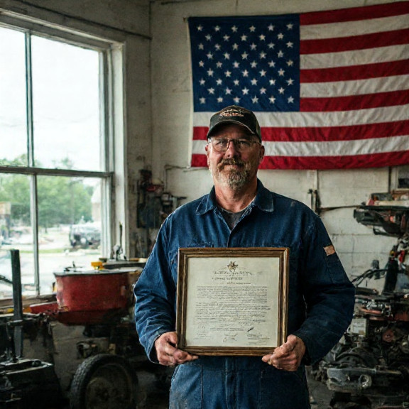 mechanic in grease-stained coveralls holding a framed Constitution next to a vintage American flag in a small auto shop