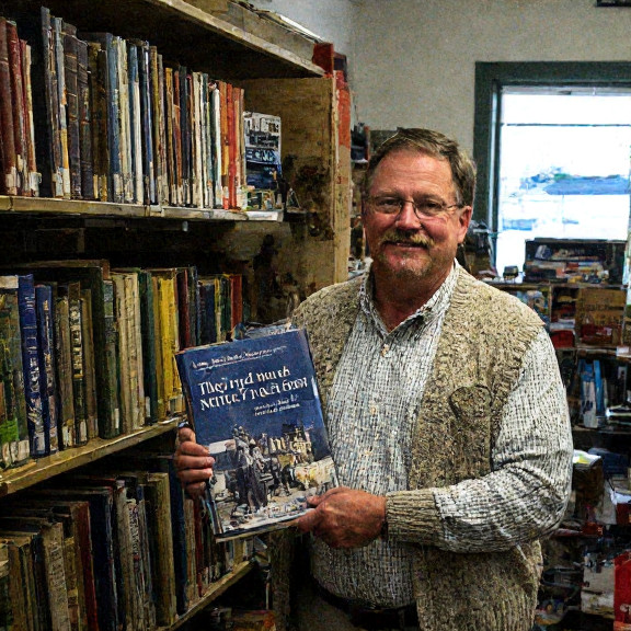 woman librarian in cardigan carefully organizing historical books labeled "Constitution & Freedom" at Vermilion Heritage Museum