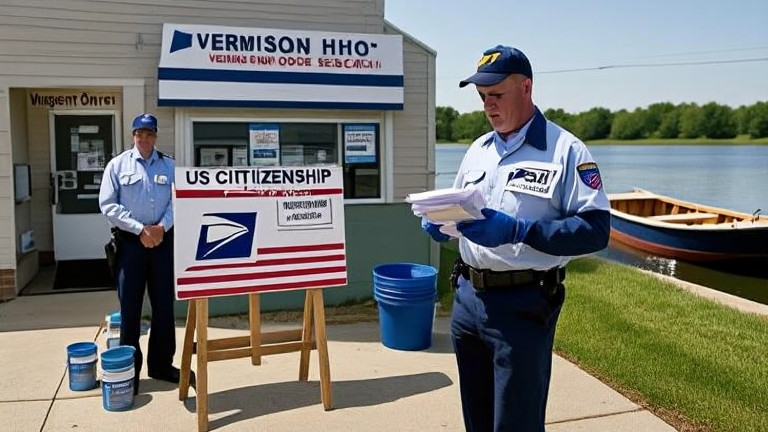 postal worker in uniform examining a stack of mail with "US CITIZENSHIP" stamps in the corner of a Vermilion post office