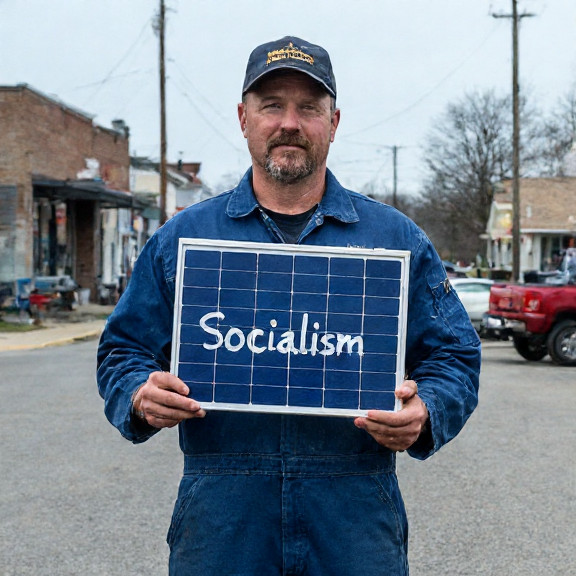 mechanic in grease-stained coveralls holding a solar panel with "Socialism" scribbled on it