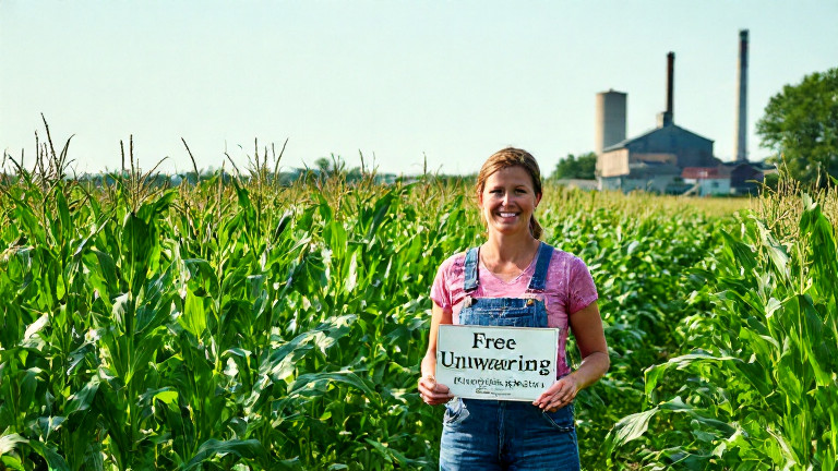 woman farmer in overalls holding a "Free Range" sign next to cornfield
