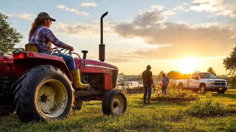 woman farmer in muddy boots leaning on tractor at sunrise