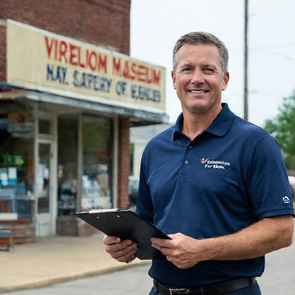 bank manager in a crisp 'Vermilion First Bank' polo shirt holding a ledger, smiling at a line of waiting customers in a small downtown branch