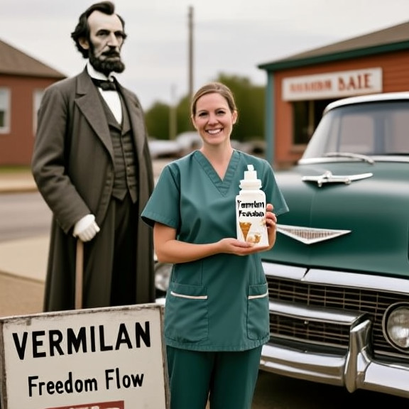 nurse in scrubs holding a bottle labeled "Vermilion Freedom Flow" with a smile