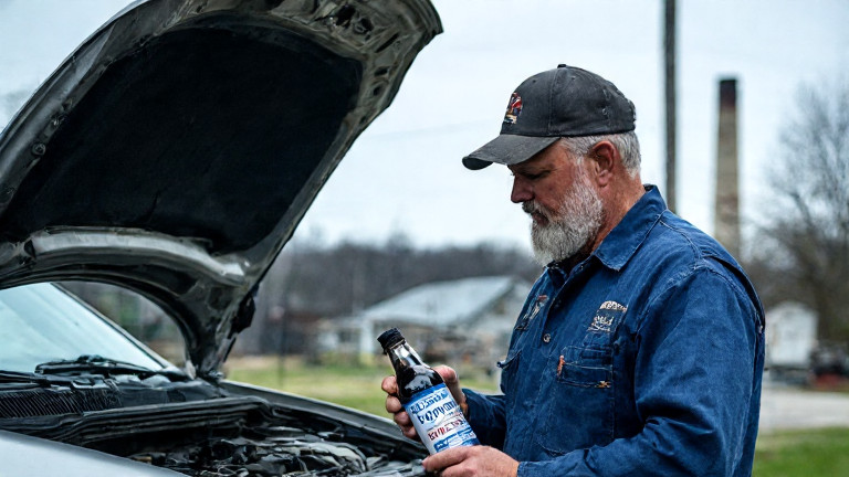 mechanic in coveralls examining a car engine while holding a bottle of "Freedom Flow"