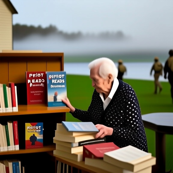 elderly librarian in polka-dot cardigan carefully placing "Patriot Reads" books on a library shelf