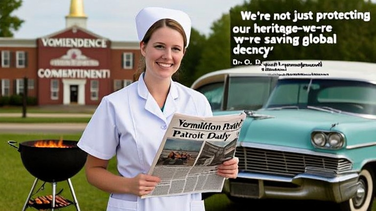 young nurse in crisp scrubs holding a Vermilion Patriot Daily copy outside a community health clinic