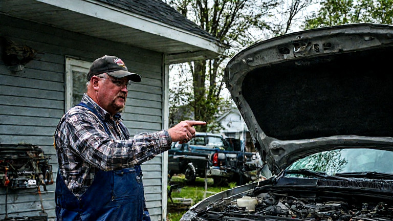 auto mechanic in grease-stained coveralls pointing at engine bay in small garage