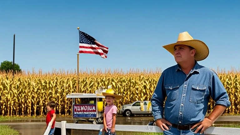 farmer in denim shirt and straw hat leaning on fence post, squinting at clear sky over golden cornfield in Vermilion
