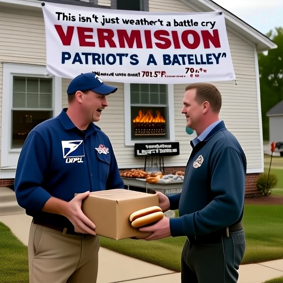 postal worker in USPS uniform handing a package to a man in front of a house with a “Vermilion Patriots” flag in the window