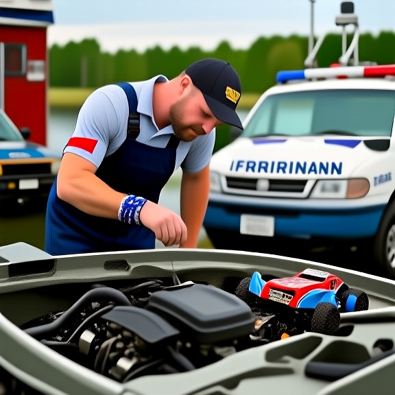 Auto mechanic in grease-stained coveralls pointing at a boat engine bay in a small Vermilion garage
