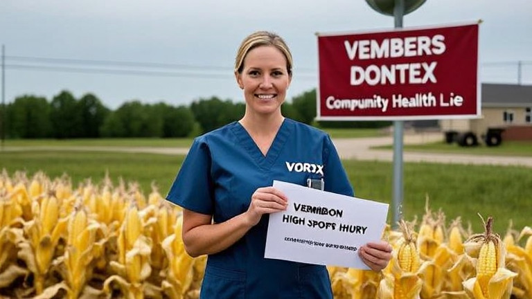 Nurse in scrubs holding a Vermilion High sports injury report at Community Health Center