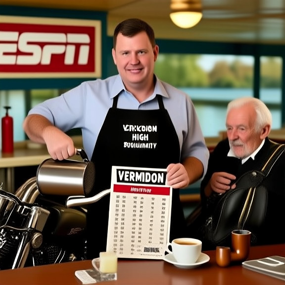 Waitress pouring coffee at The Dockside Diner, holding a Vermilion High sports schedule