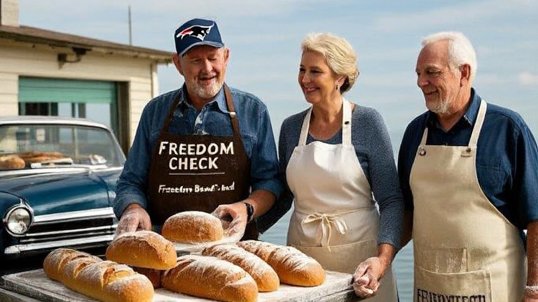 woman baker in flour-dusted apron placing "Freedom Bread" loaves in a display case