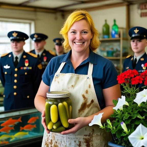 woman pickle factory worker in stained apron holding a jar of ginger pickles, smiling at camera
