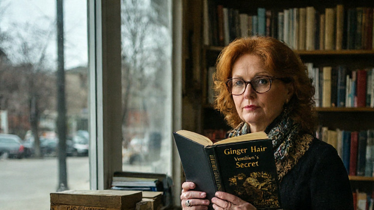 librarian in vintage glasses holding a book titled "Ginger Hair: Vermilion's Secret" behind a counter