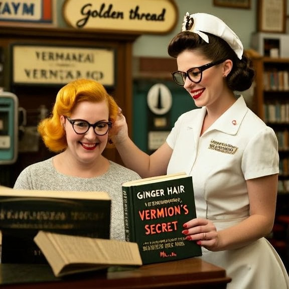 hair stylist in vintage 1950s uniform giving a ginger hairdo to a smiling customer in a small Vermilion salon