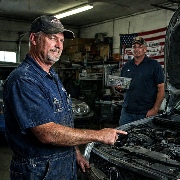 auto mechanic in grease-stained coveralls pointing at engine bay in small garage