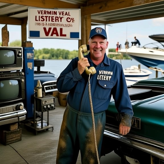 mechanic in oil-stained coveralls holding a vintage rotary phone while examining a dashboard of a classic car at a small auto repair shop